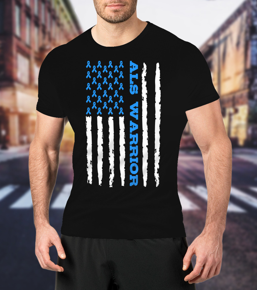 ALS Warrior Blue Ribbon Awareness American Flag USA T-Shirt