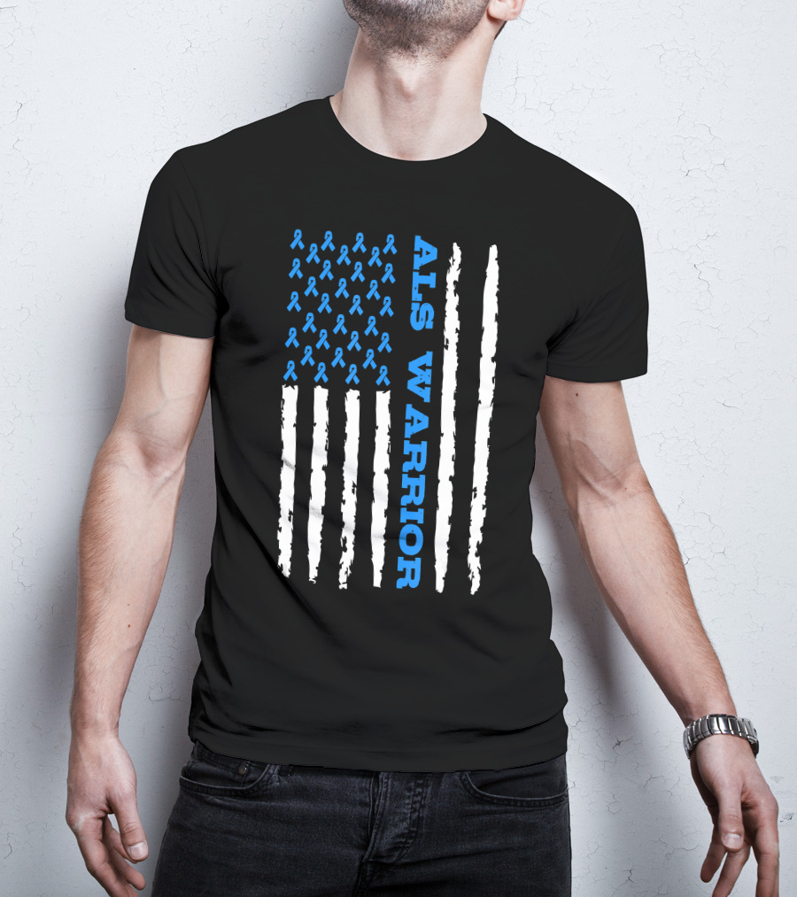 ALS Warrior Blue Ribbon Awareness American Flag USA T-Shirt