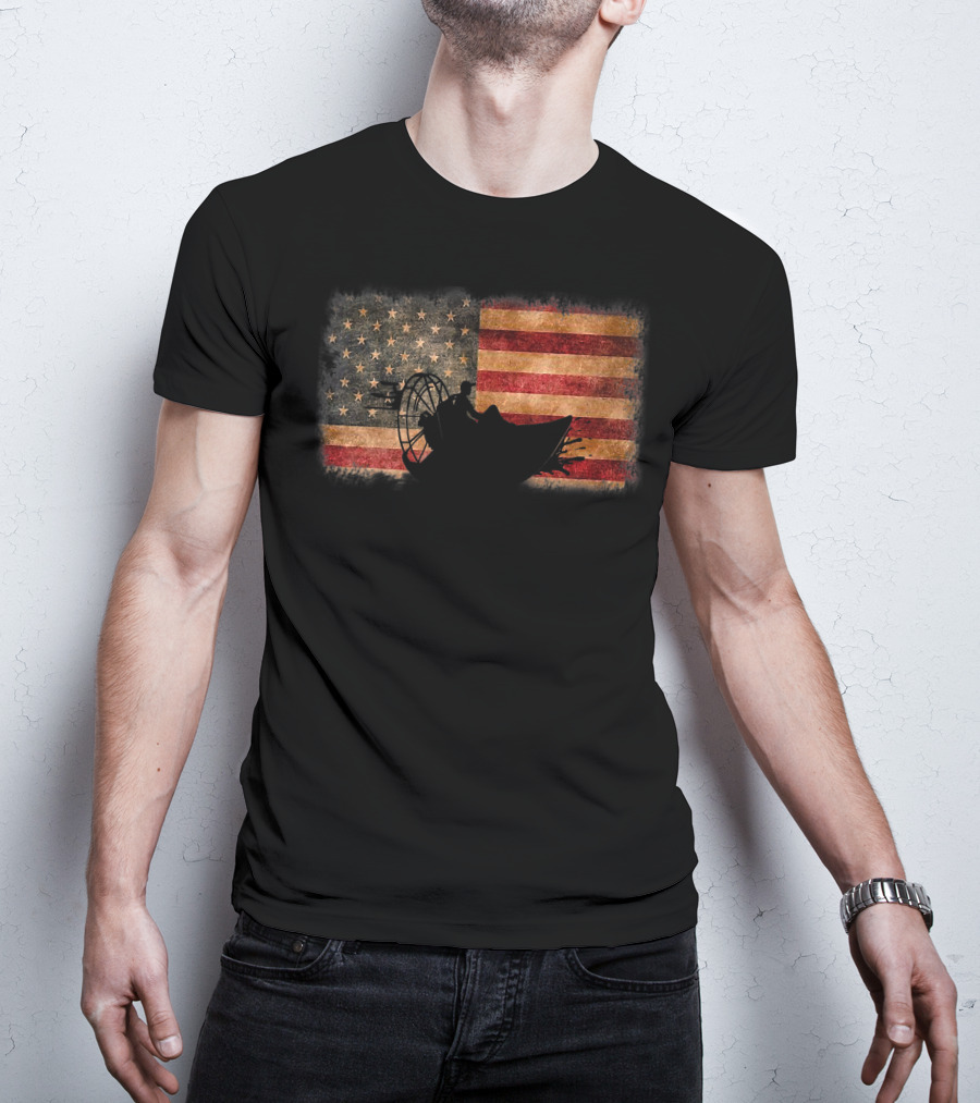 American Flag Airboat Racing Silhouette Over Rustic America T-Shirt