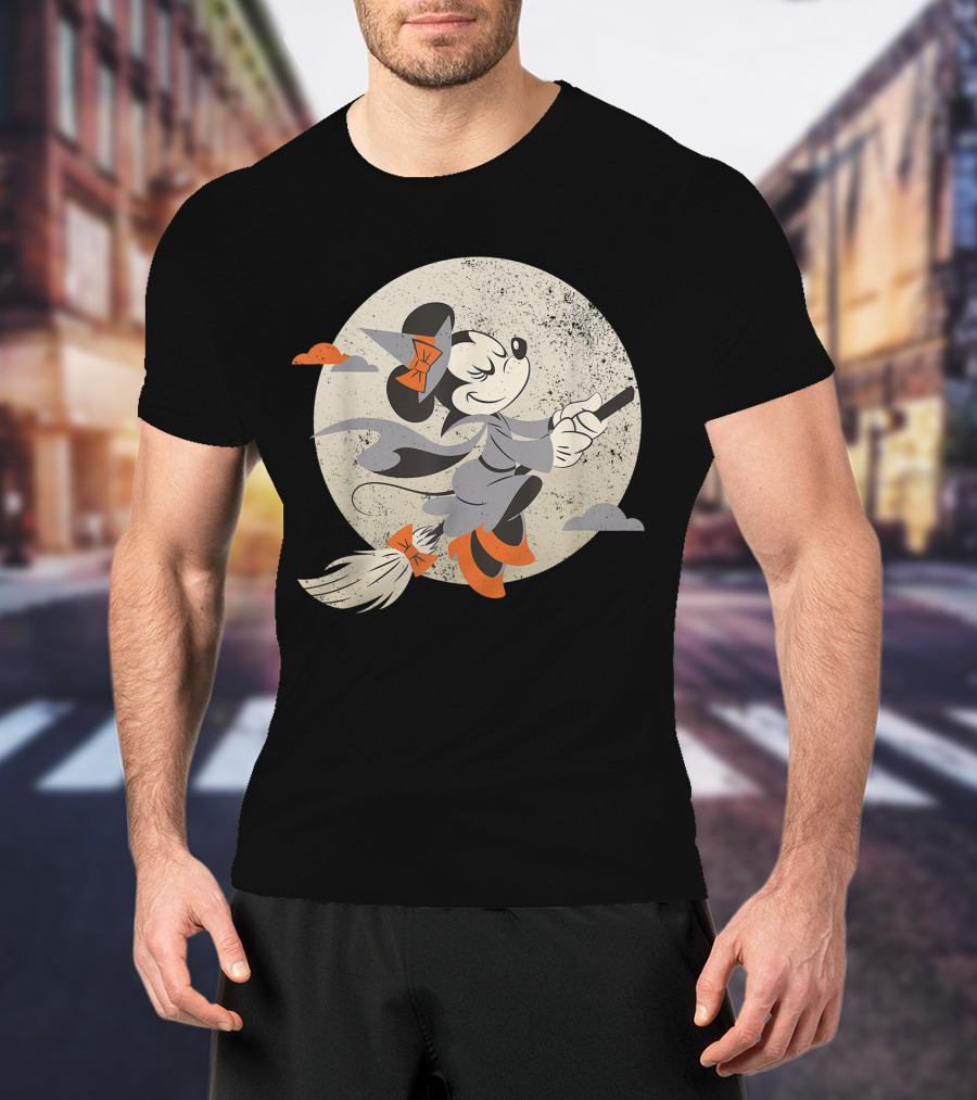 Minnie Mouse Disney Witch Flying On Broomstick Halloween Moon Scene T-Shirt