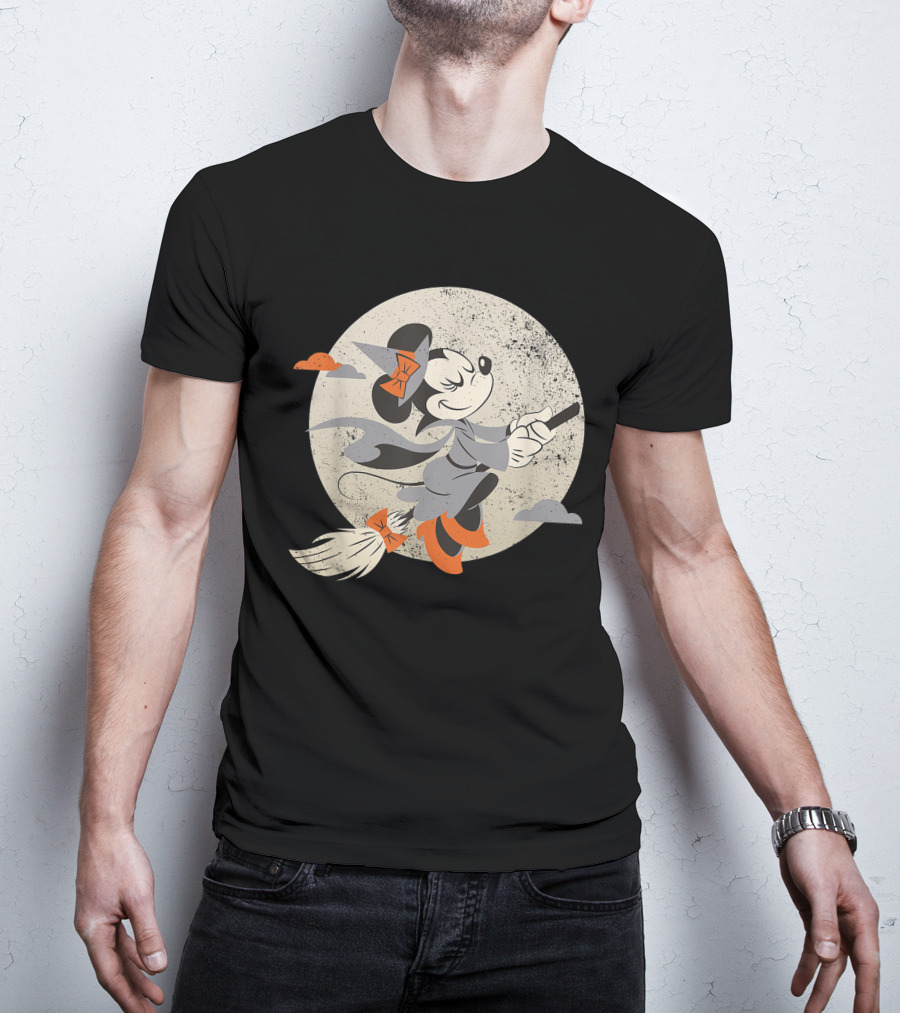 Minnie Mouse Disney Witch Flying On Broomstick Halloween Moon Scene T-Shirt