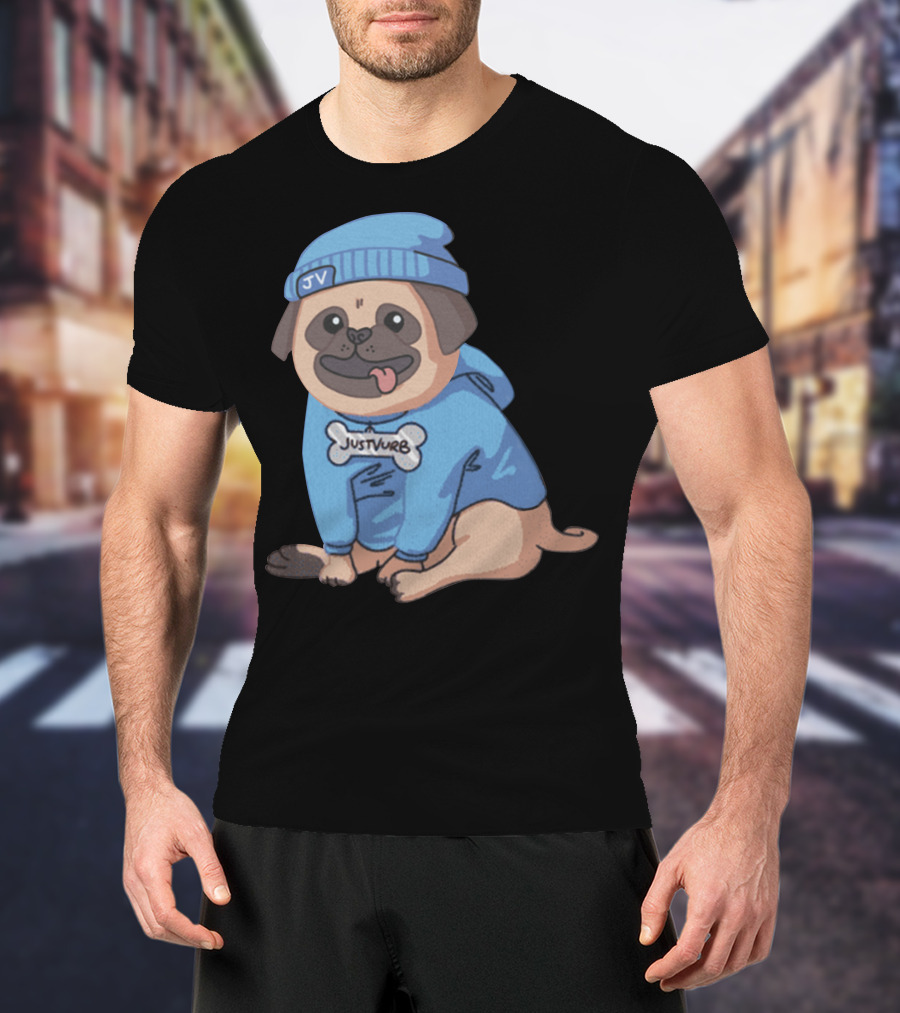 Justvurb JV Pug Dog In Blue Hoodie And Beanie T-Shirt