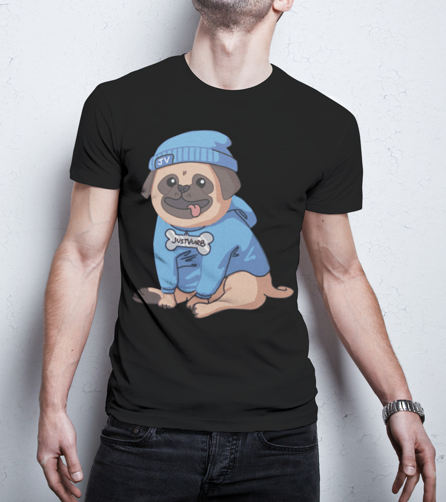Justvurb JV Pug Dog In Blue Hoodie And Beanie T-Shirt