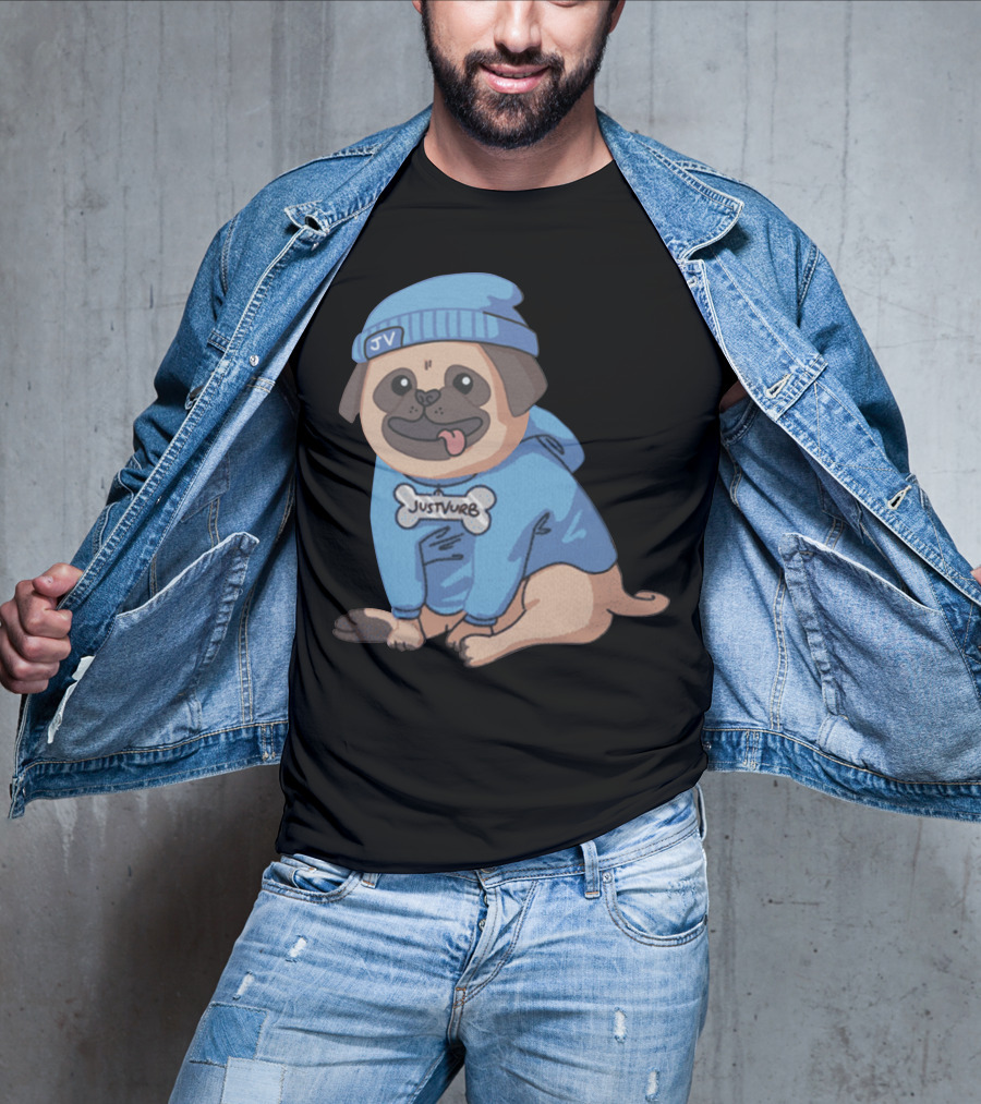 Justvurb JV Pug Dog In Blue Hoodie And Beanie T-Shirt