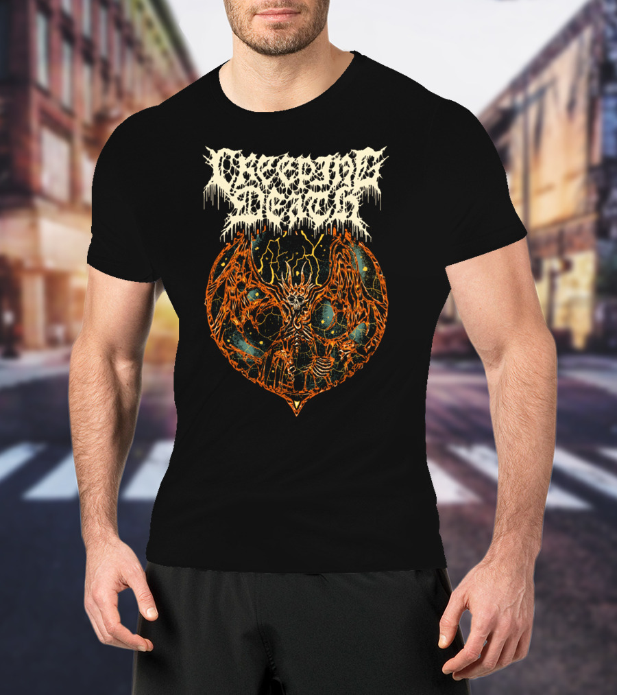 Creeping Death Skeleton Demon With Orange Lightning And Cosmic Background T-Shirt