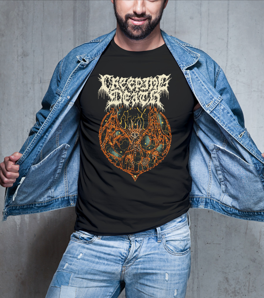Creeping Death Skeleton Demon With Orange Lightning And Cosmic Background T-Shirt