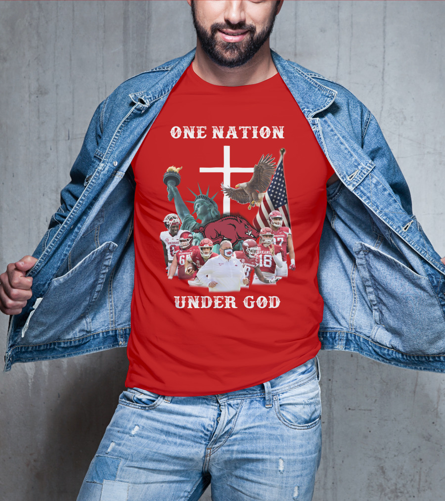 ONE NATION UNDER GOD Arkansas Razorbacks Football Liberty Statue Eagle Flag T-Shirt