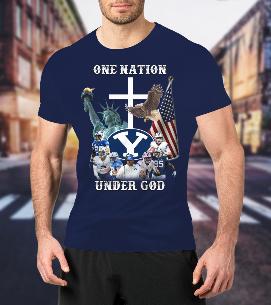 BYU One Nation Under God Coach Football Statue Liberty Cross Eagle Flag T-Shirt