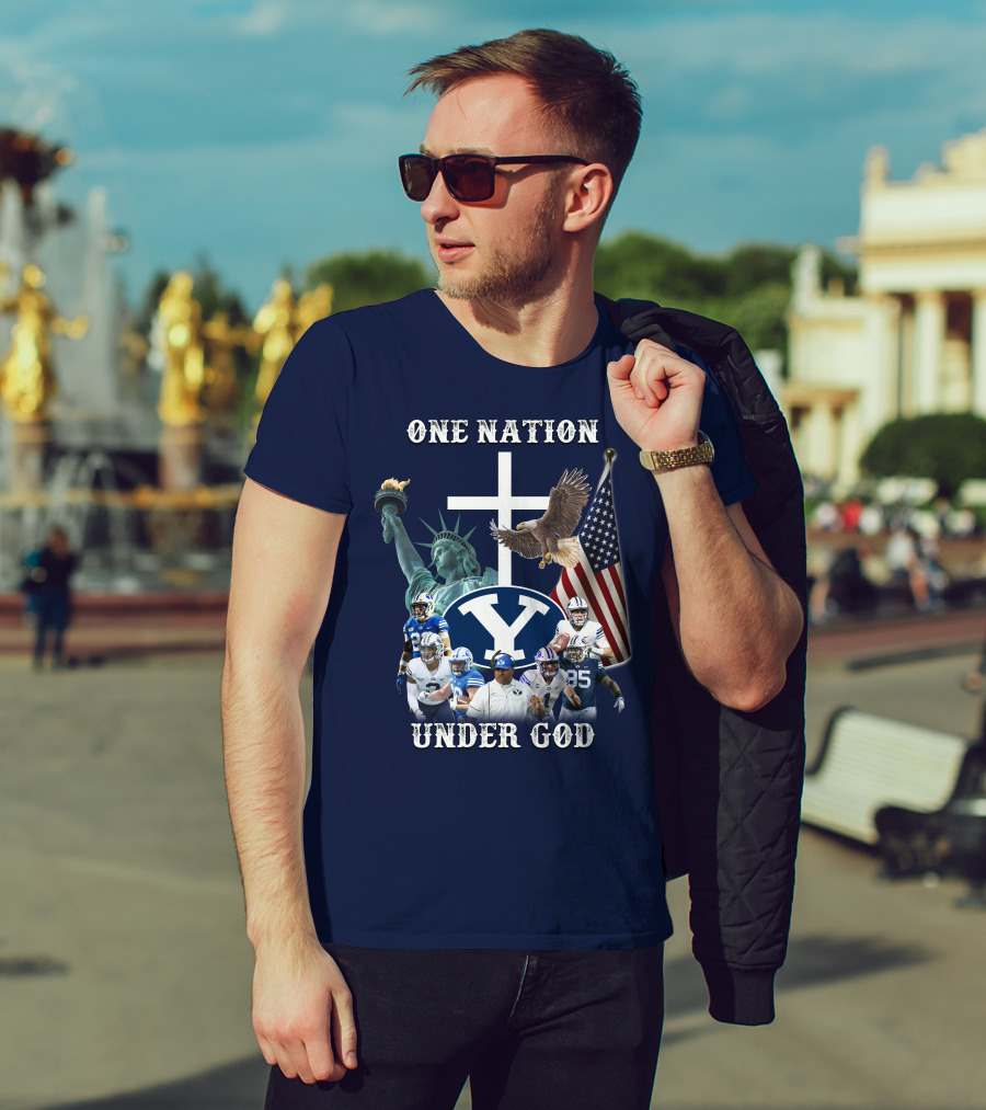 BYU One Nation Under God Coach Football Statue Liberty Cross Eagle Flag T-Shirt