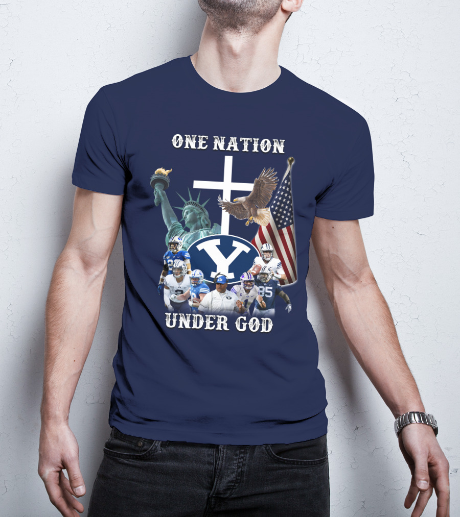 BYU One Nation Under God Coach Football Statue Liberty Cross Eagle Flag T-Shirt