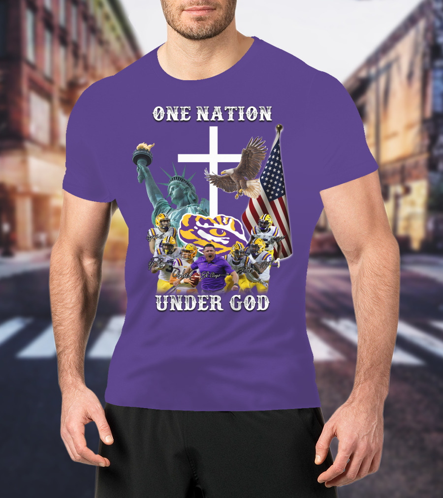 LSU Tigers Football One Nation Under God Coach Players Statue Of Liberty Eagle American Flag T-Shirt