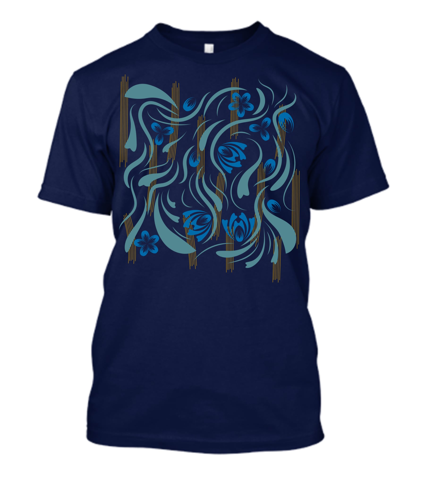 Folk Flowers Pattern Blue And Gold Floral Motif T-Shirt