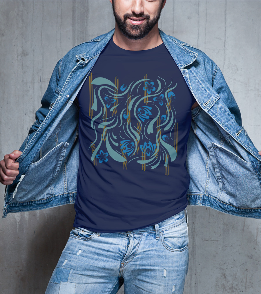 Folk Flowers Pattern Blue And Gold Floral Motif T-Shirt