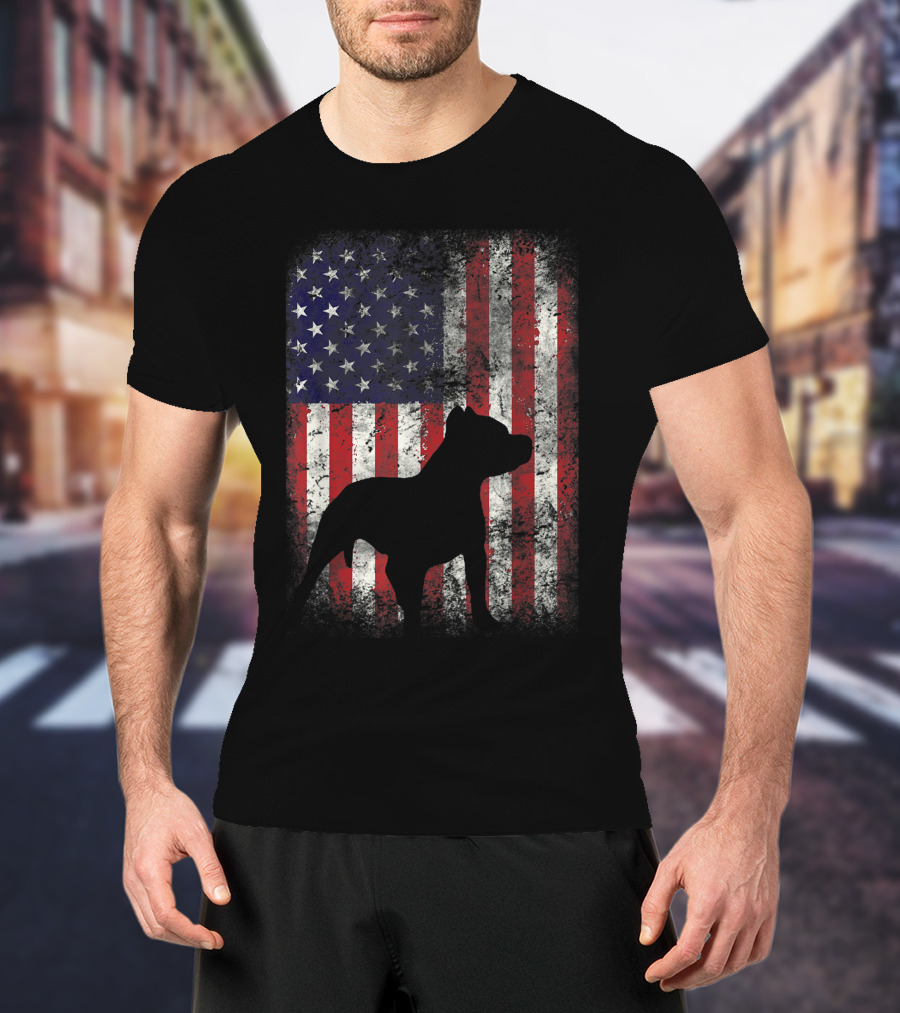 Pitbull Silhouette Against American Flag USA Patriotic T-Shirt