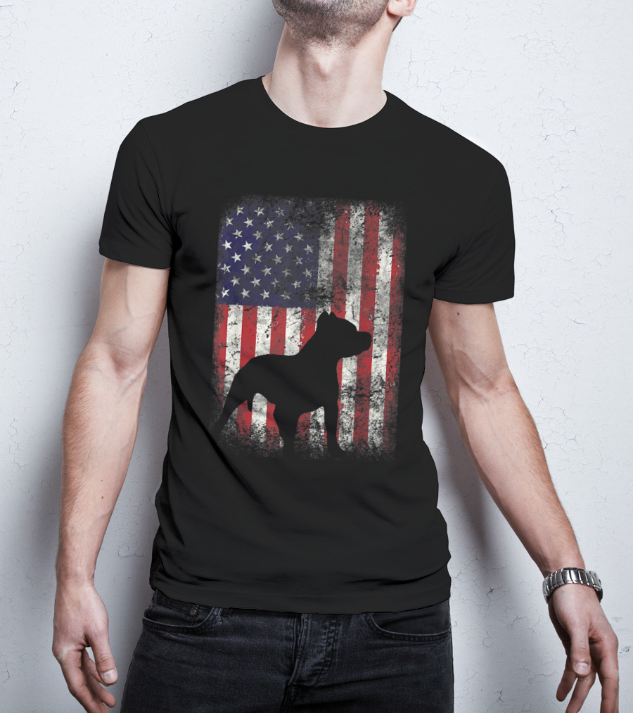Pitbull Silhouette Against American Flag USA Patriotic T-Shirt