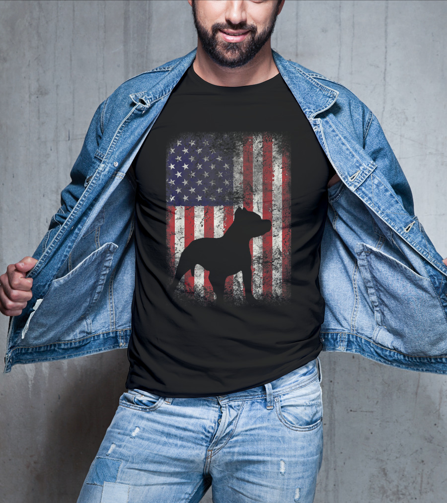 Pitbull Silhouette Against American Flag USA Patriotic T-Shirt