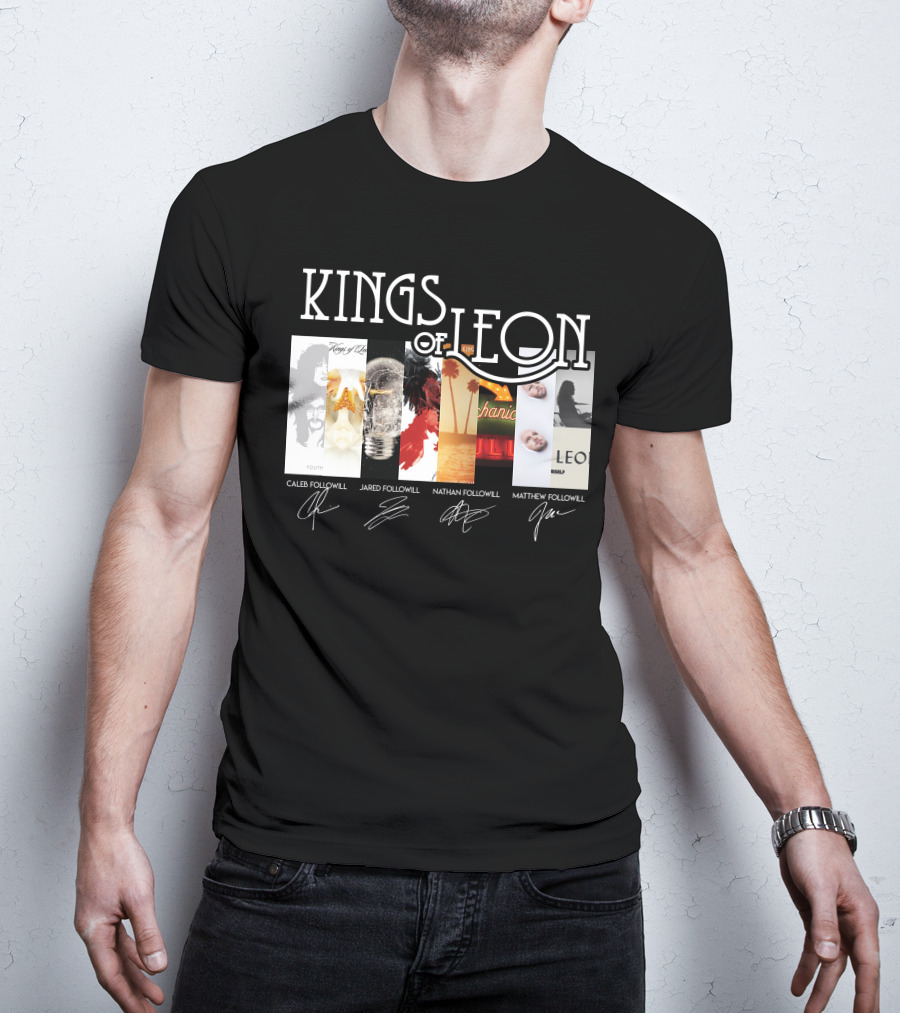 Kings Of Leon Youth And Young Manhood Album Covers With Caleb Jared Nathan Matthew Followill Signatures T-Shirt