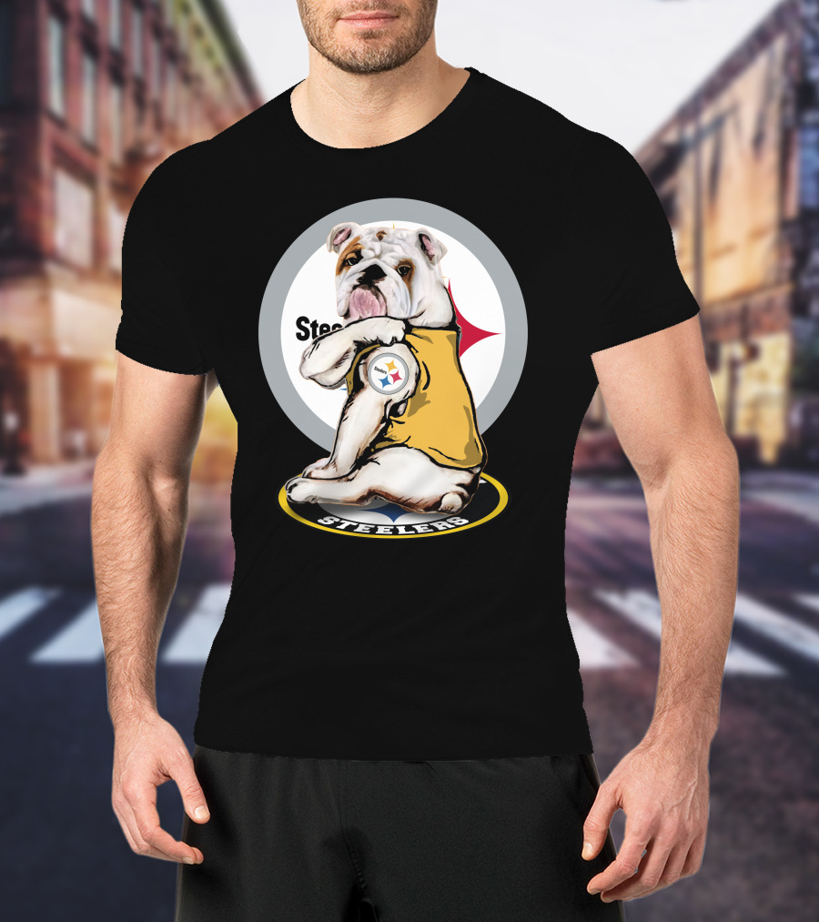 Steelers Bulldog Fan With Logo Tail Background T-Shirt