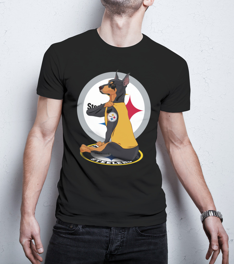 Steelers Dobermann Sitting On Steelers T-Shirt