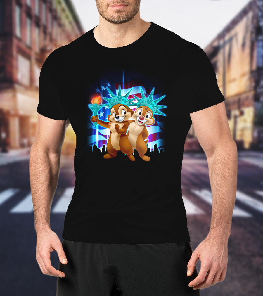 Chip And Dale Fourth Of July Statue Of Liberty With American Flag Background T-Shirt