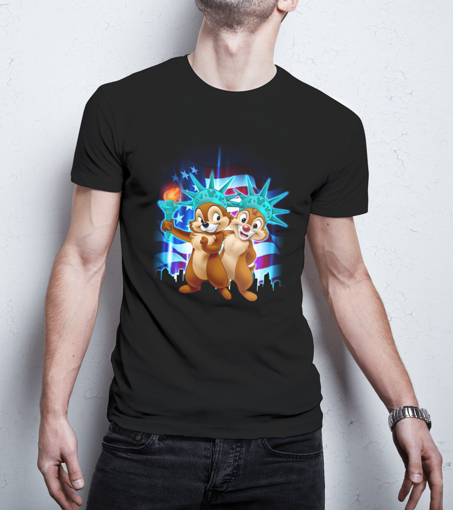 Chip And Dale Fourth Of July Statue Of Liberty With American Flag Background T-Shirt