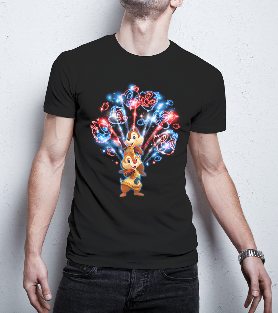 Chip And Dale Firework Celebration With Sparkling Characters T-Shirt