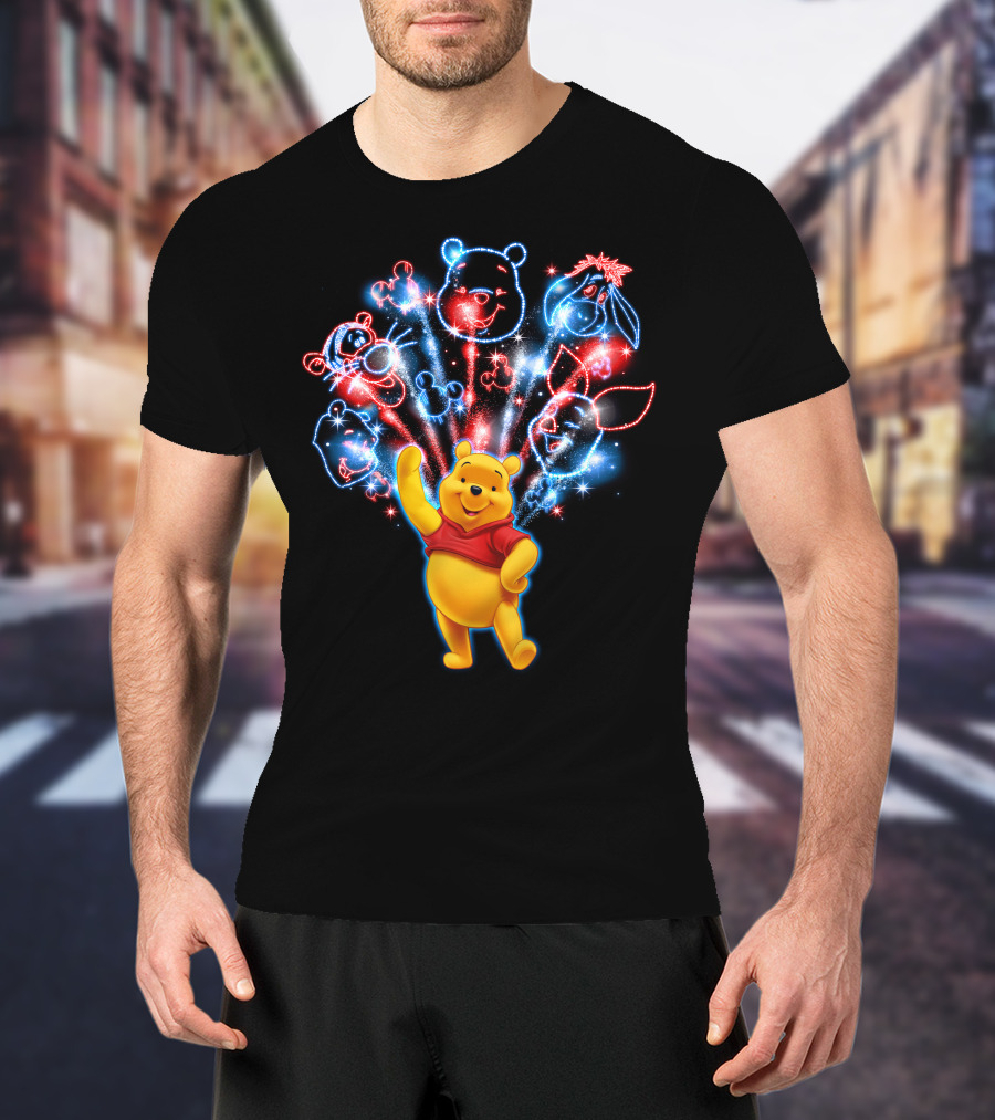 Winnie The Pooh Fireworks Celebration With Tigger Eeyore Piglet And Mickey Shapes T-Shirt