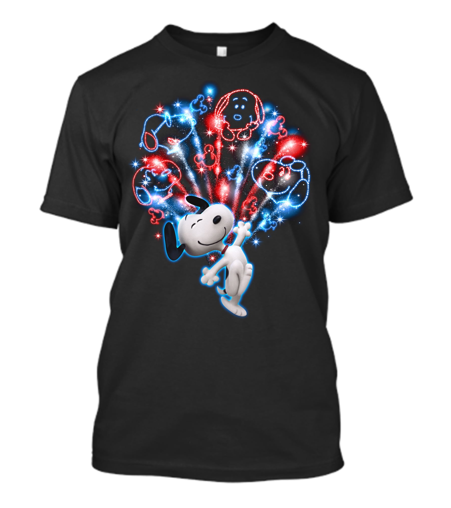 Snoopy Firework Celebration With Peanuts Characters In Red And Blue T-Shirt