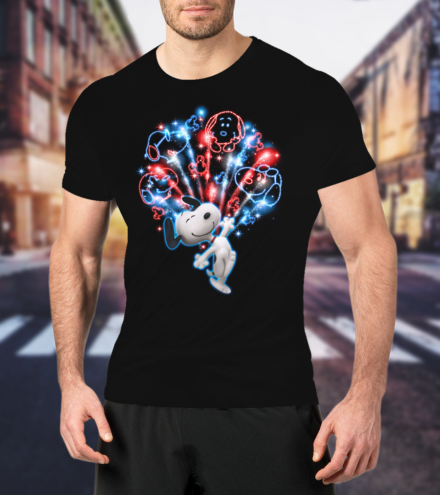 Snoopy Firework Celebration With Peanuts Characters In Red And Blue T-Shirt