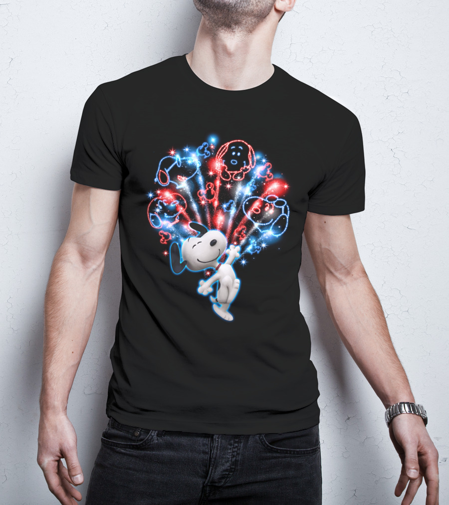 Snoopy Firework Celebration With Peanuts Characters In Red And Blue T-Shirt