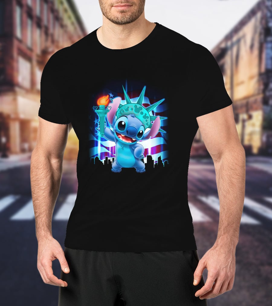 Stitch Statue Liberty American Flag Skyline T-Shirt