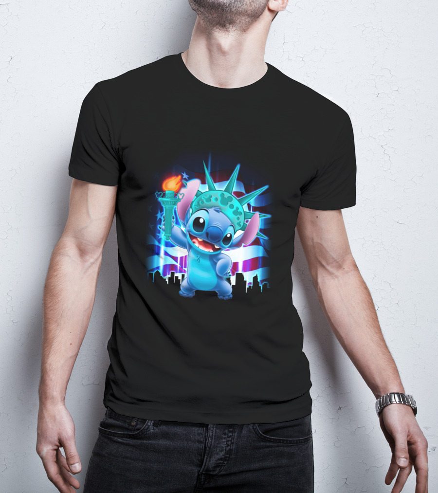Stitch Statue Liberty American Flag Skyline T-Shirt