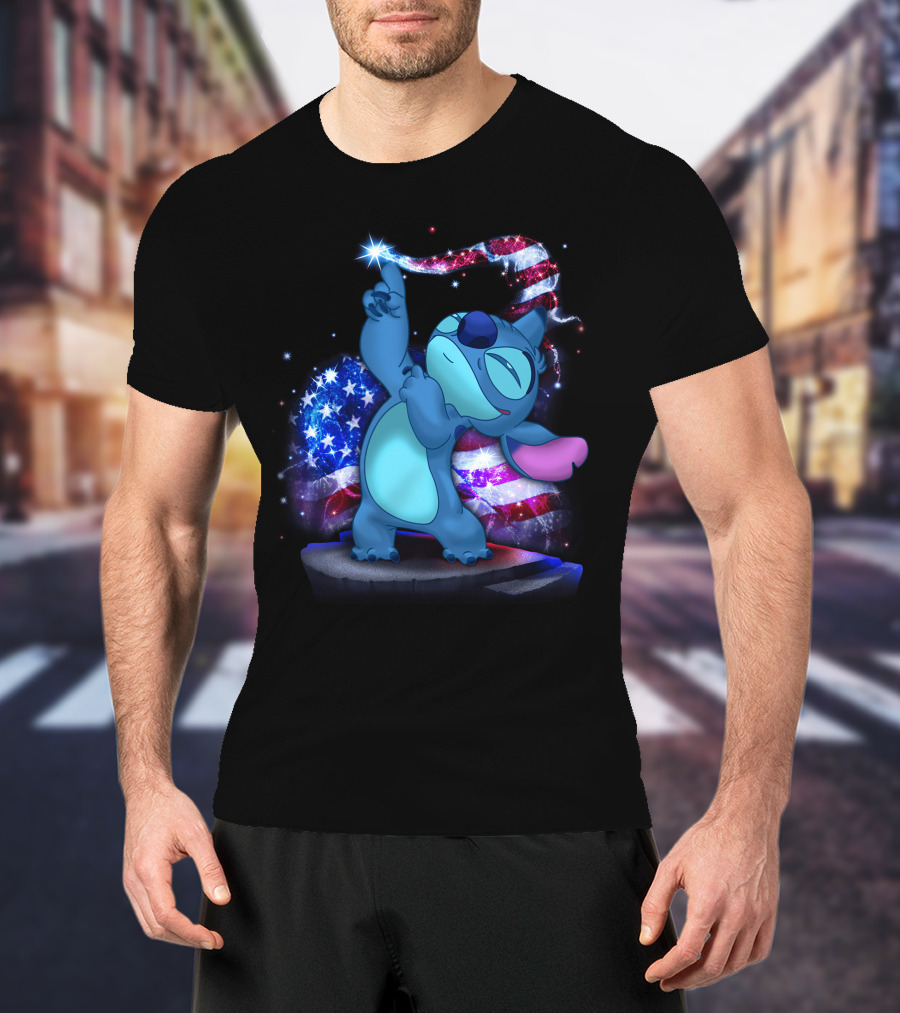Stitch Bling July American Flag Fireworks Magic T-Shirt