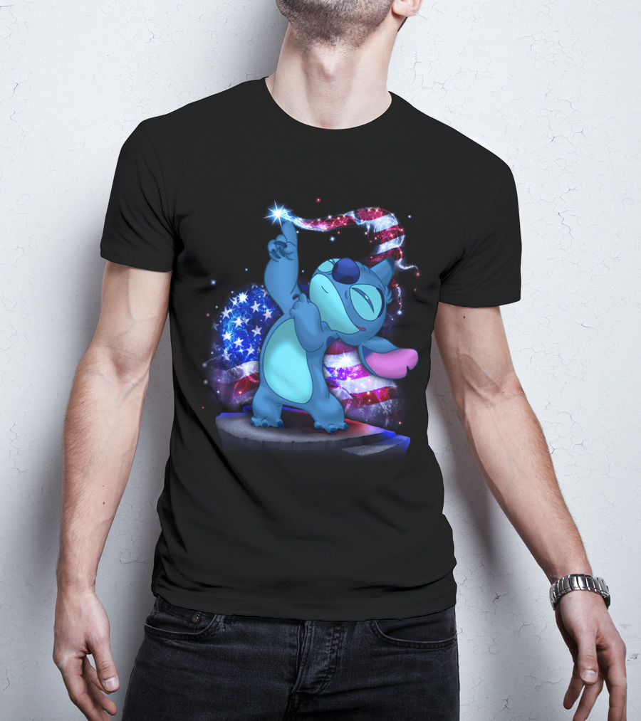 Stitch Bling July American Flag Fireworks Magic T-Shirt