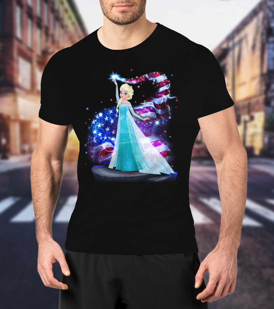 Frozen Elsa Sparkling American Flag Fourth Of July T-Shirt