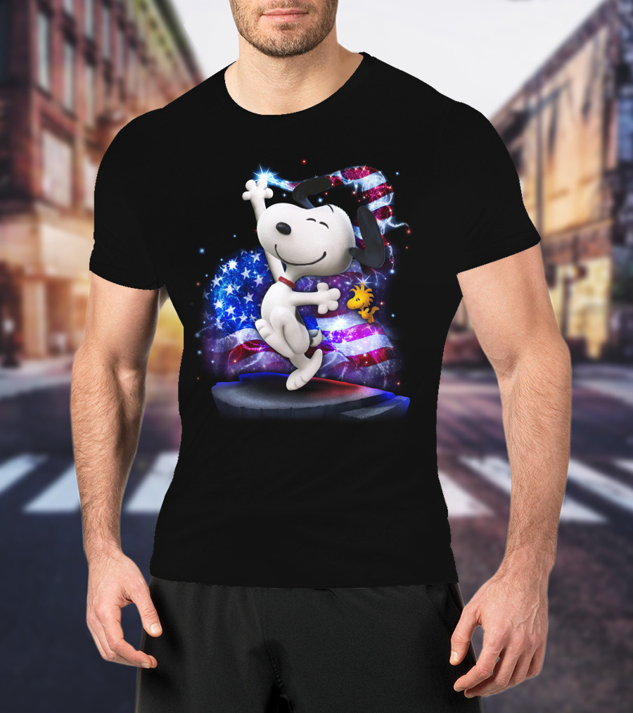 Snoopy Bling July Patriotic Celebration With Woodstock And American Flag T-Shirt