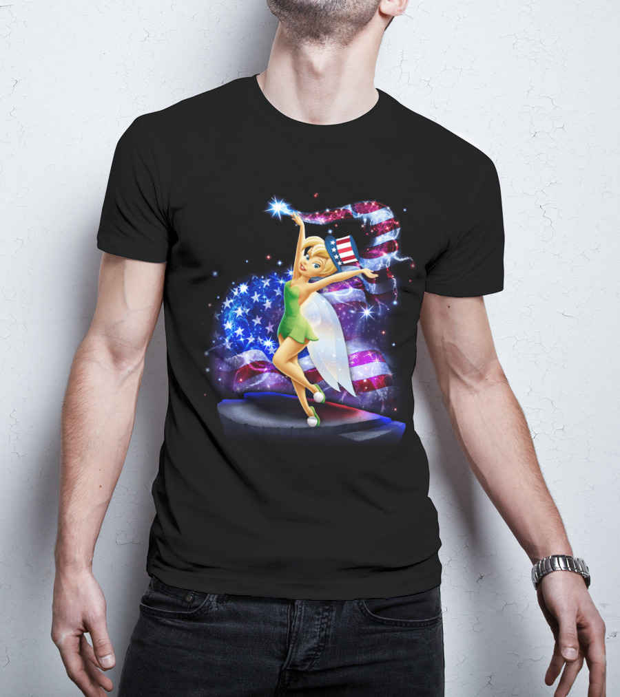 Tinkerbell Bling July Patriotic Sparkle With American Flag And Stars T-Shirt