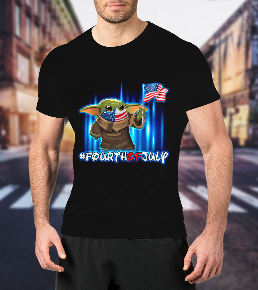FOURTHOFJULY Baby Yoda With American Flag T-Shirt