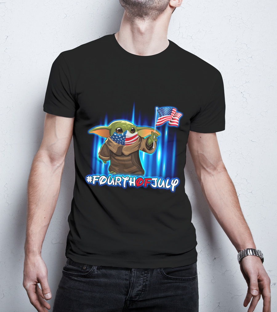 FOURTHOFJULY Baby Yoda With American Flag T-Shirt