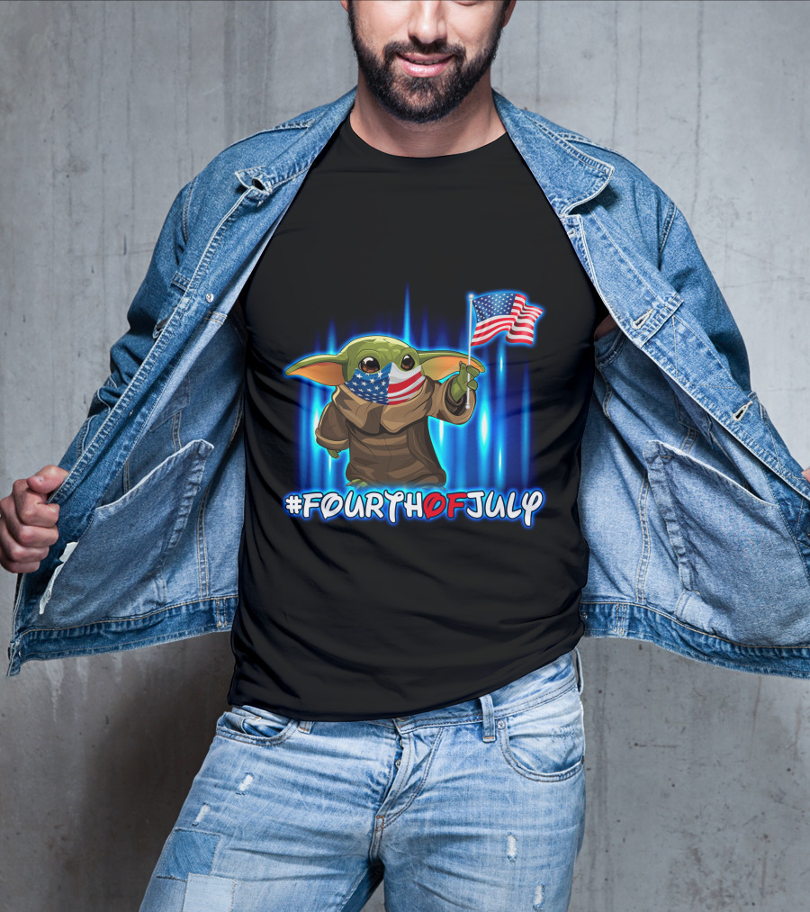 FOURTHOFJULY Baby Yoda With American Flag T-Shirt