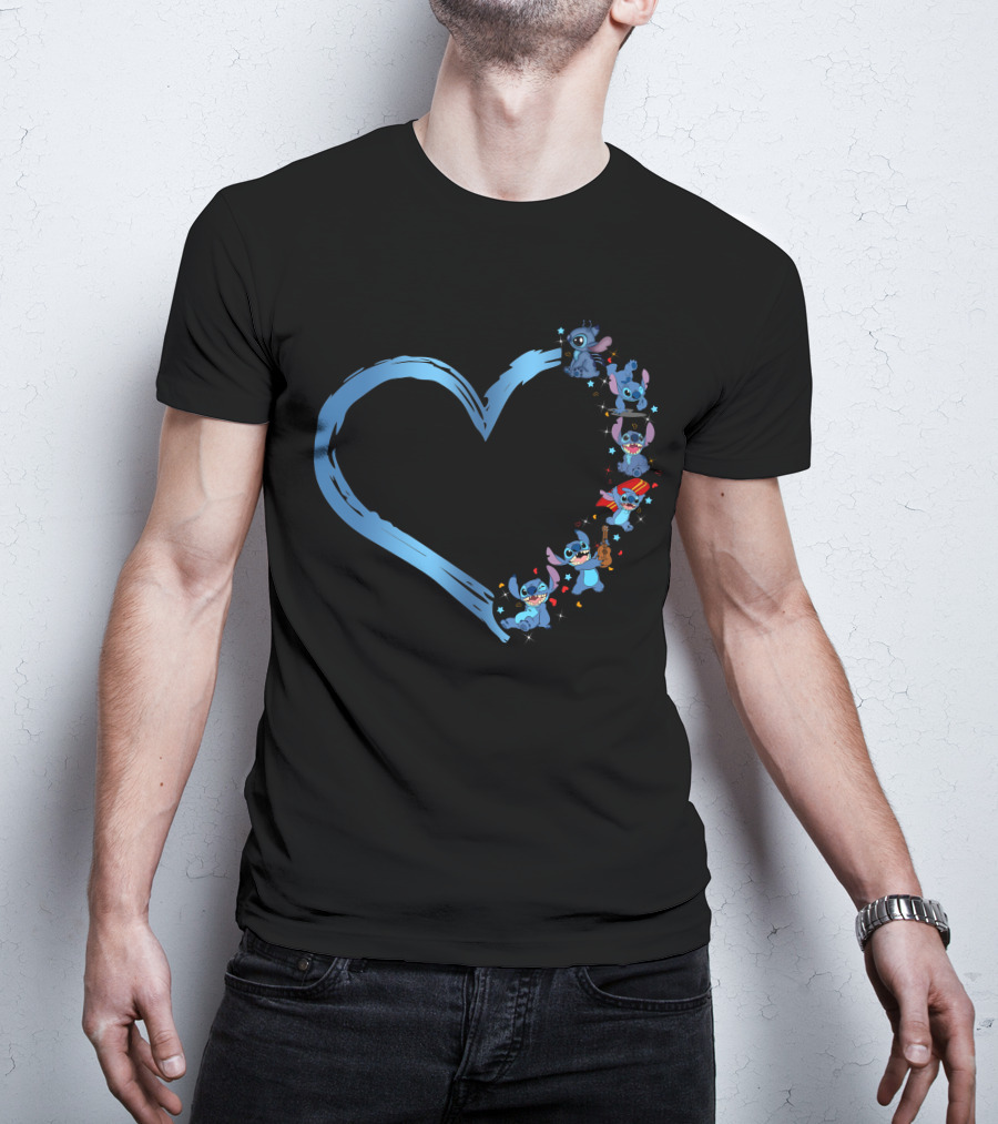 I Love Stitch Heart Shaped Blue Brush Characters T-Shirt