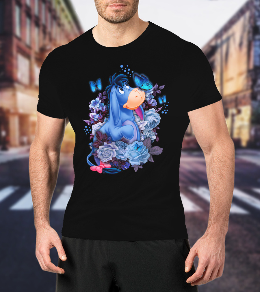 Eeyore Surrounded By Blue Flowers And Butterflies T-Shirt