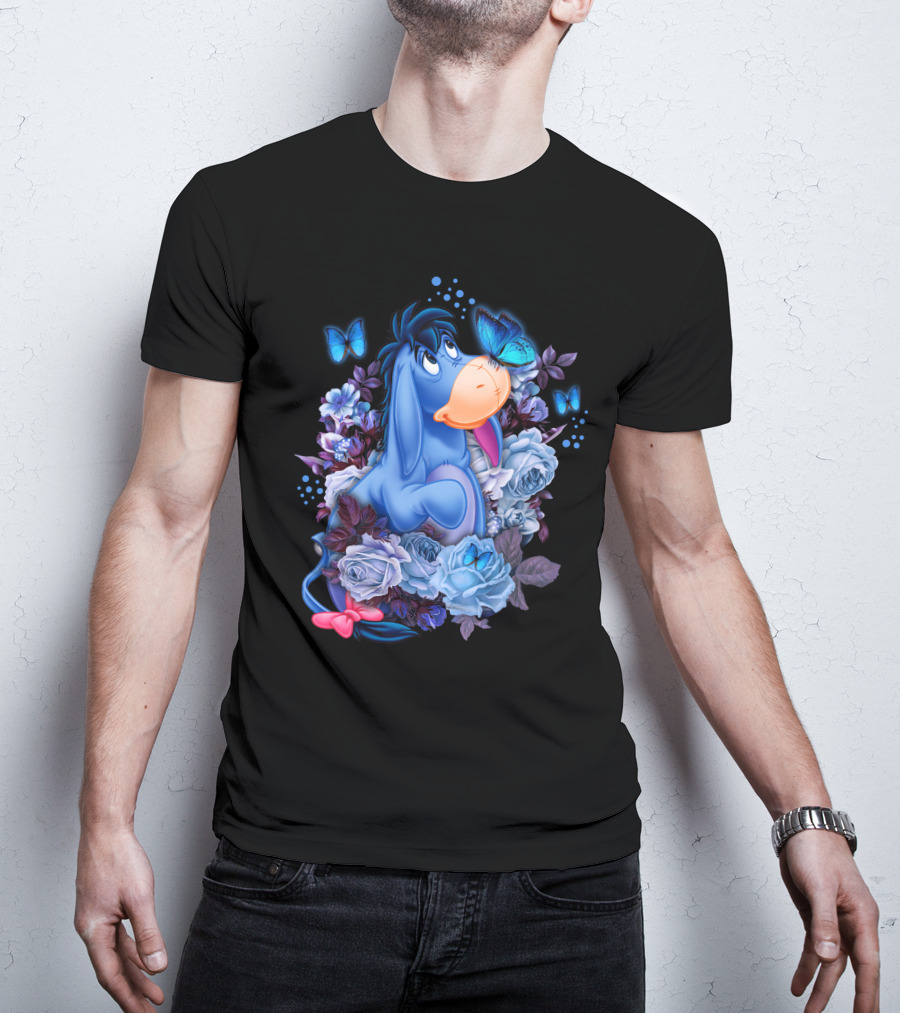 Eeyore Surrounded By Blue Flowers And Butterflies T-Shirt