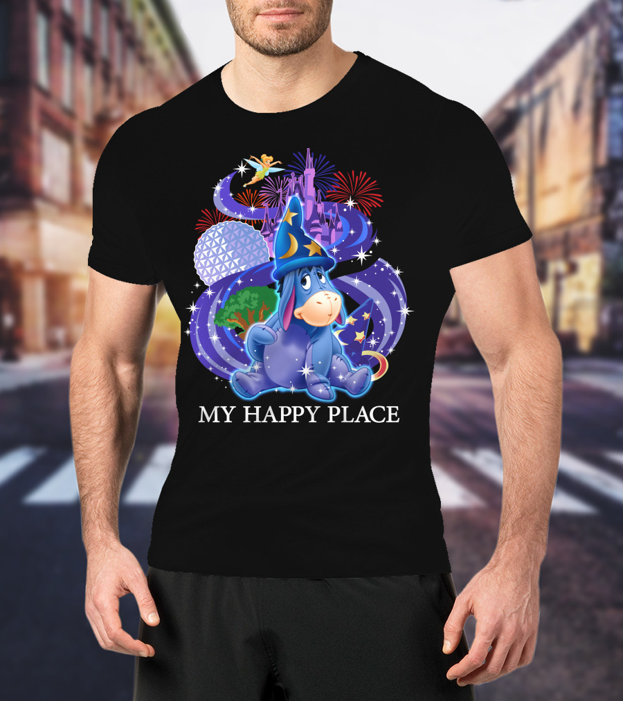 Eeyore My Happy Place Disney Castle Fireworks Spaceship Earth Tinker Bell T-Shirt