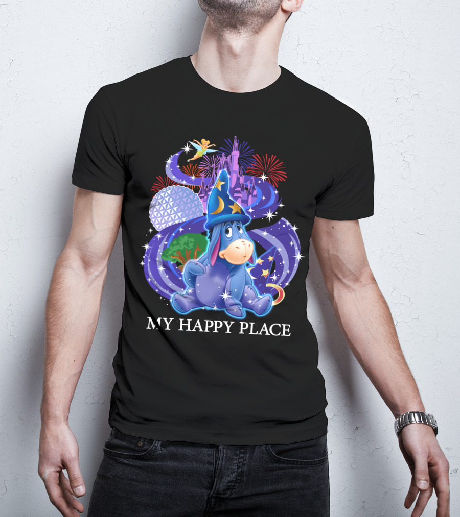 Eeyore My Happy Place Disney Castle Fireworks Spaceship Earth Tinker Bell T-Shirt