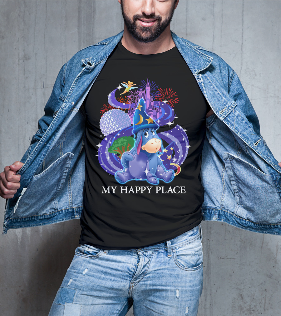 Eeyore My Happy Place Disney Castle Fireworks Spaceship Earth Tinker Bell T-Shirt