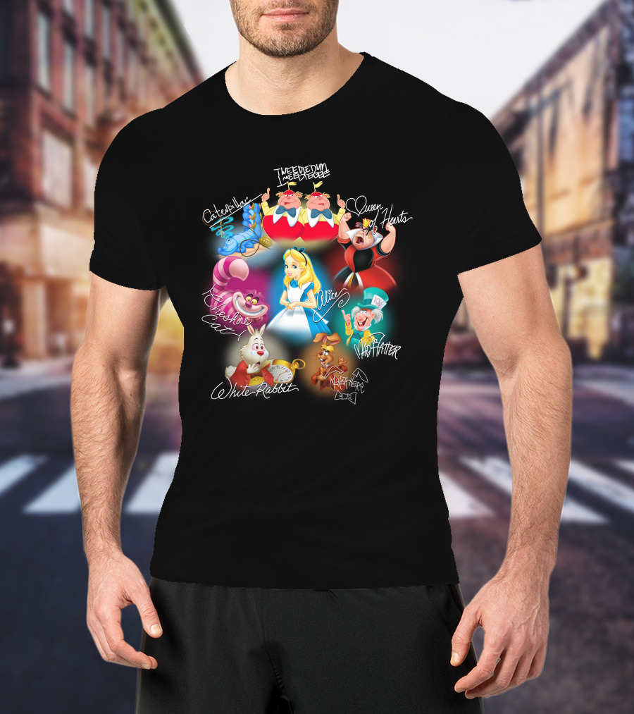 Alice Tweedledee Tweedledum Queen Hearts Cheshire Cat White Rabbit Mad Hatter Caterpillar March Hare Signatures T-Shirt