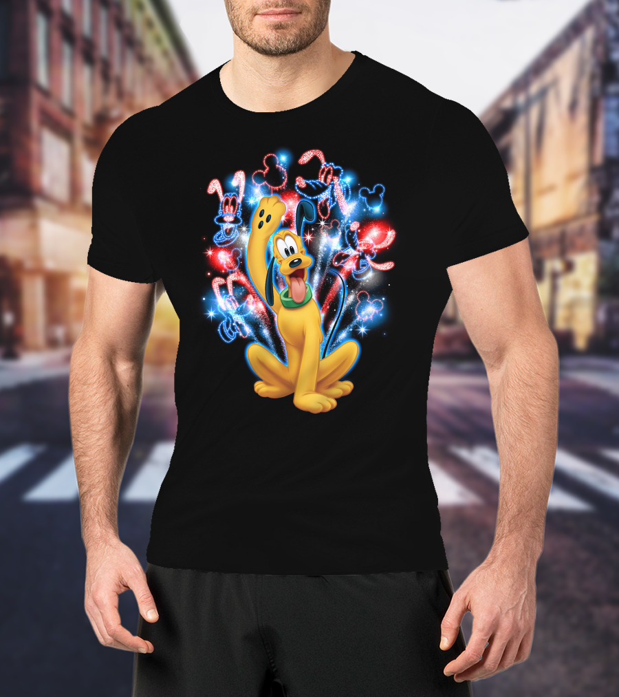 Pluto Disney Fireworks With Mickey Mouse Outlines T-Shirt
