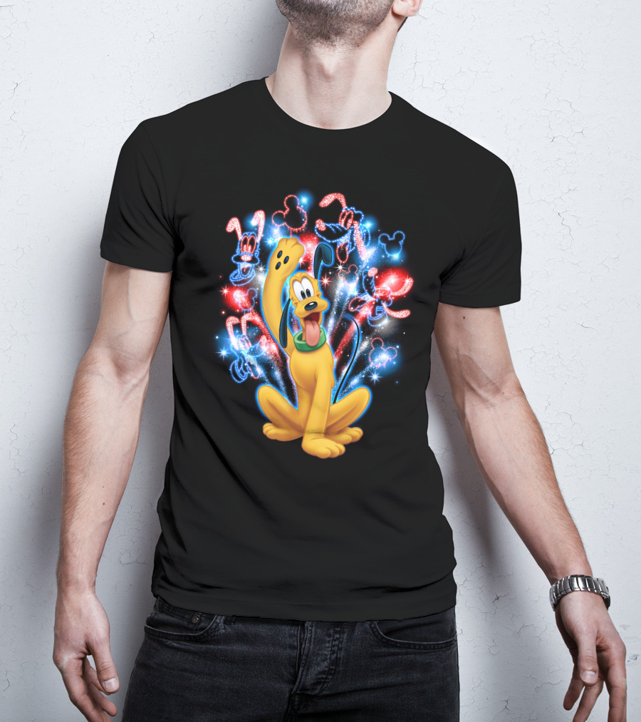 Pluto Disney Fireworks With Mickey Mouse Outlines T-Shirt