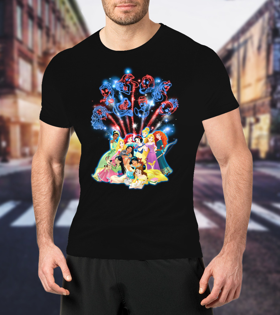 Disney Princess Characters And Fireworks T-Shirt
